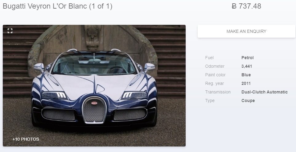 A website selling Bugatti Veyron for 737 Bitcoins.
